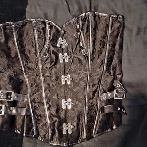 Steampunk Black Brocade Corset with Silver Accents